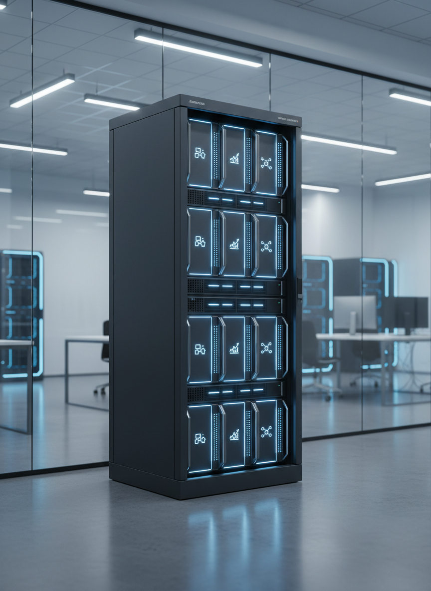 A sleek, dark charcoal server rack filled with glowing, cobalt-blue AI processors, each unit marked with subtle, minimalist icons symbolizing data, graphs, and neural networks. The rack stands in the center of a pristine, glass-walled corporate tech lab, with polished concrete floors reflecting the gentle light. Cool, diffused overhead LED lighting casts crisp, clean highlights on the metal surfaces and creates faint reflections on the floor. The atmosphere is professional, precise, and future-focused. Captured at eye level with a slight three-quarter angle, the foreground in sharp focus and the distant lab equipment softly blurred, enhancing depth. The photographic realism and clean, modern aesthetic communicate reliability and advanced AI infrastructure for business solutions.