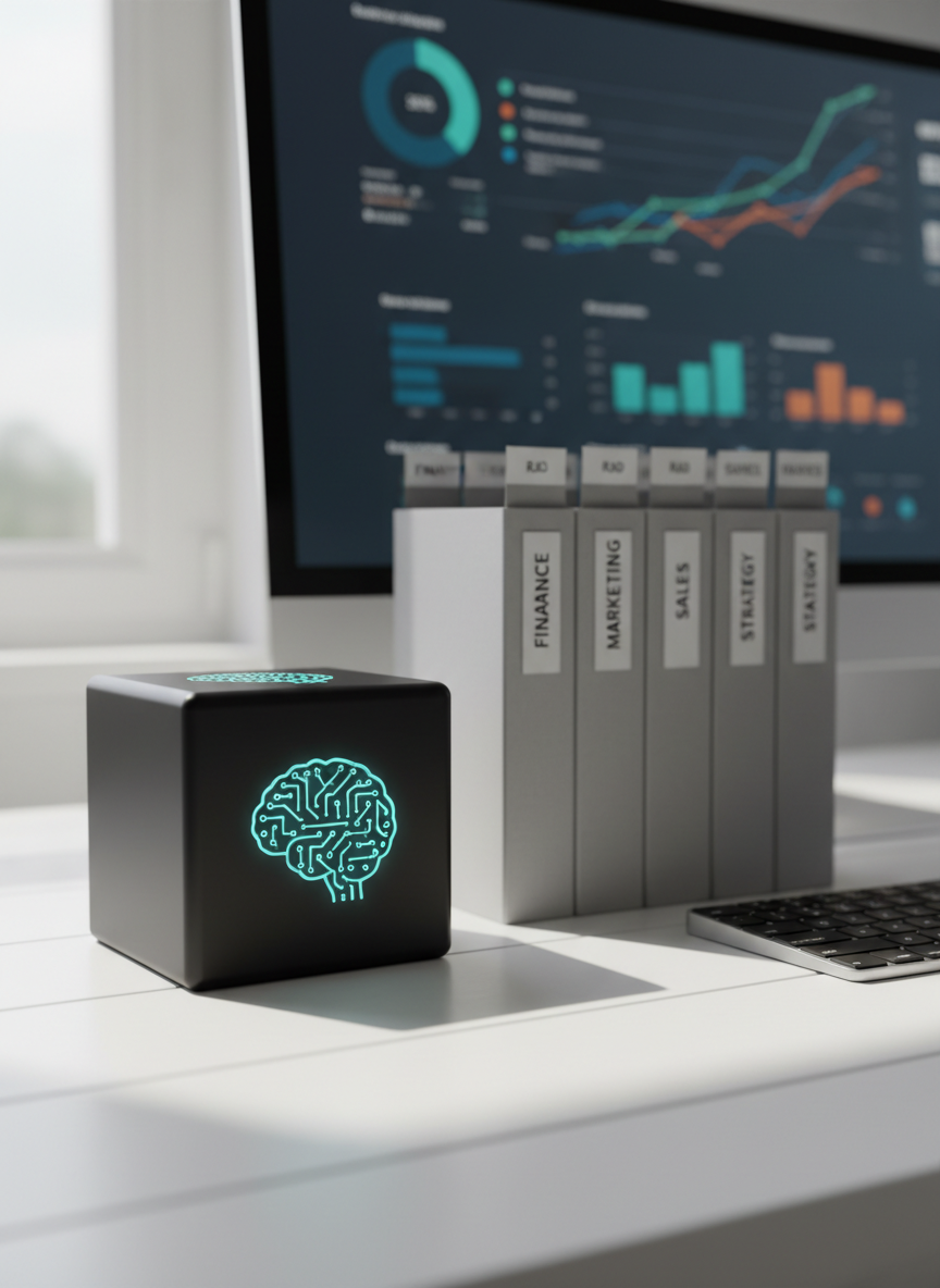 A close-up of a smooth, matte-black cube etched with a subtle, glowing turquoise AI brain icon, resting on a clean white desk beside an orderly row of labeled folders and a slim, high-end keyboard. Behind the cube, a large monitor shows a softly blurred dashboard of charts and predictive analytics. Daylight from a nearby window creates soft, natural side lighting, producing gentle shadows and a calm, focused atmosphere. The composition is minimalist and centered on the cube, with a shallow depth of field keeping the background softly out of focus. Photographic realism emphasizes material textures—the cube’s silky surface, the desk’s faint wood grain—conveying precision, trust, and streamlined AI tools for everyday business workflows.