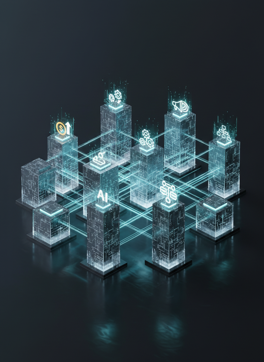 A refined, isometric view of a digital city constructed from semi-transparent glass buildings, each rooftop displaying glowing AI icons for finance, logistics, marketing, and operations, connected by luminous data pathways. The city floats above a dark, reflective surface that mirrors the structures with subtle distortion. A cool, diffused ambient glow seems to emanate from the data lines themselves, serving as both light source and visual focal point, casting delicate cyan and white highlights. The mood is visionary yet orderly, suggesting comprehensive AI integration across all company departments. The composition uses asymmetrical balance, with sharp focus throughout to highlight intricate details. Executed in high-end photographic realism mixed with slight futuristic gloss, ideal for illustrating enterprise-wide AI solutions.