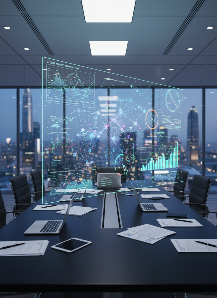 A large, transparent holographic interface displaying complex interconnected neural network diagrams and real-time business analytics, floating above a minimalist matte-black conference table. Around it, high-end laptops and neatly arranged documents sit undisturbed in a glass-walled boardroom overlooking a modern city skyline at dusk. Cool, soft studio-style lighting from recessed ceiling panels illuminates the scene, creating subtle reflections on the glass and table surface. The mood is strategic and innovative, emphasizing clarity and control. Shot from a slightly elevated angle using the rule of thirds, with the holographic interface as the focal point and the city lights blurred into a gentle bokeh. The image is photographic, crisp, and professional, suggesting AI-driven decision-making for enterprises.